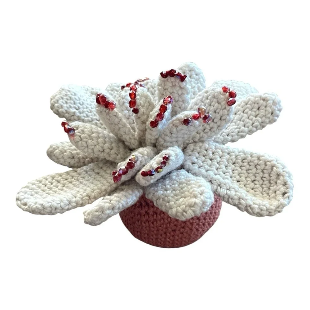 Handmade Succulent with Red Beads Crochet Blooming Cactus Cream Office Decor